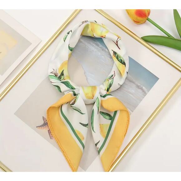 Citrus Print Satin Scarf** 20” Square Hair Tie Neck Wrap Accessory - Picture 2 of 7